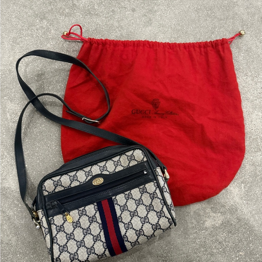 Vintage Gucci Ophidia Web Crossbody Bag – 1980s Navy Monogram Canvas - Authentic